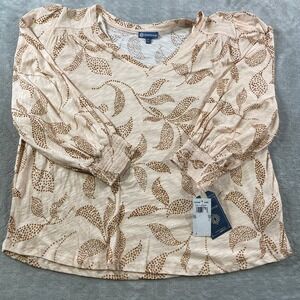 Democracy Top Blouse Women 1X Peach Leaf V-Neck Smocked Cuff Summer Relaxed